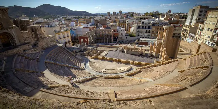 Picturesque ancient ruins at the Roman Theatre of Cartagena in Murcia, Spain.